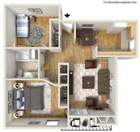 A 3D floor plan of a small apartment with a kitchen, living room, and bathroom.