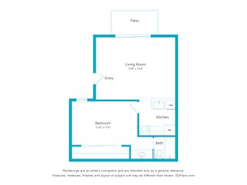 A floor plan of a house with a living room, bedroom, kitchen, bathroom and patio.