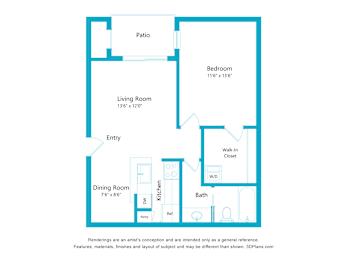 A floor plan of a house with a living room, dining room, kitchen, bath, bedroom, and patio.