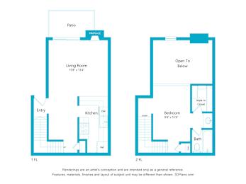 A floor plan of a two-story house with a living room, kitchen, bath, and bedroom.