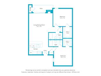 A floor plan of a house with a living/dining room, two bathrooms, a kitchen, and two bedrooms.