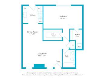 A floor plan of a house with a kitchen, dining room, living room, bedroom, and bathroom.