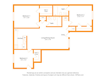 A floor plan of a home with three bedrooms, a living/dining room, a kitchen, and a bathroom.