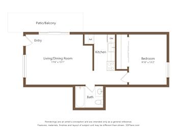 A floor plan of a home with a living/dining room, kitchen, and bath.