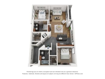 a stylized floor plan with a bedroom and living room