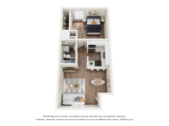 a stylized floor plan of a 1 bedroom with a bathroom and a living room