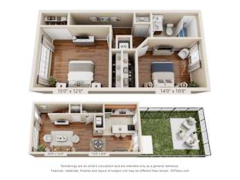 A floor plan of a two-bedroom apartment with a living room, kitchen, and bathroom.