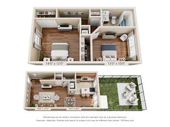 A floor plan of a two-bedroom apartment with dimensions and a disclaimer.