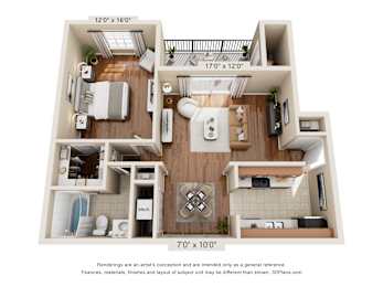 A 3D floor plan of a small apartment with a kitchen, living room, and bathroom.
