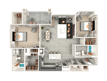 A 3D floor plan of a house with a living room, kitchen, and bedrooms.