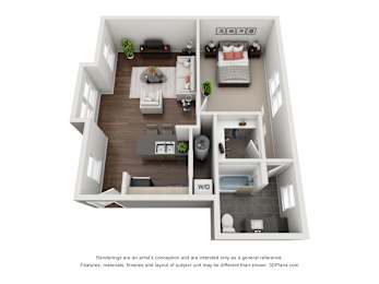 A 3D floor plan of a small apartment with a living room, kitchen, and bedroom.