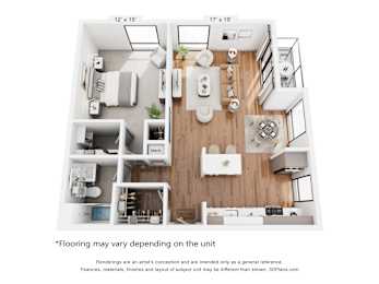 A 3D floor plan of a small apartment with a kitchen, living room, and bathroom.