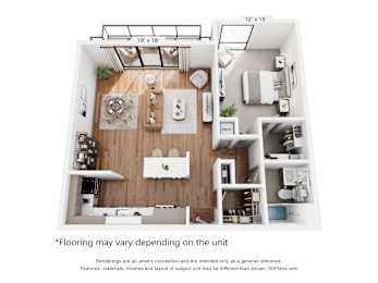 A 3D floor plan of a small apartment with a kitchen, living room, and bathroom.