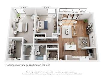 A 3D floor plan of a small apartment with a kitchen, living room, and bedroom.