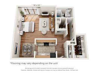 A 18' x 24' floor plan of a house with a kitchen, living room, dining room, and two bedrooms.