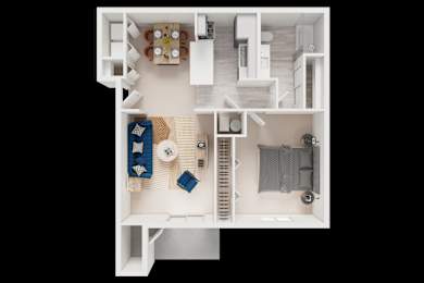 Floor Plan  A white model of a house with furniture and appliances.