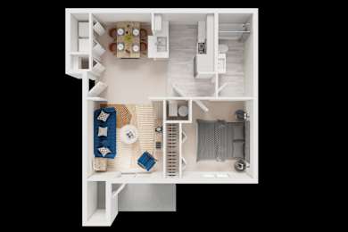 Floor Plan  A top-down view of a room with a dining table, chairs, a couch, a bookshelf, and a kitchen area.