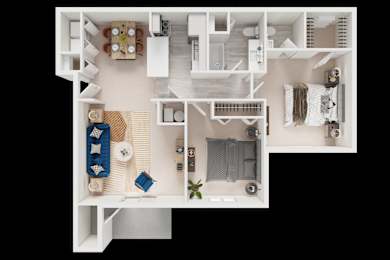 Floor Plan  A white dollhouse with furniture and decorations.