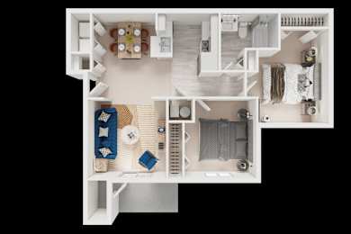 Floor Plan  A white dollhouse with a kitchen, living room, and bathroom.