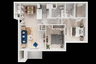 Floor Plan  A top-down view of a small apartment with a kitchen, living room, and bedroom.