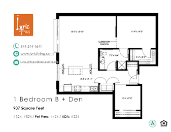 a floor plan of 1 bedroom b + den