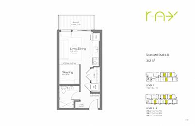 A floor plan for a rental apartment with a living/dining area, a sleeping area, and a bathroom.