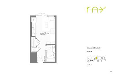 A floor plan for a 356 square foot studio apartment.