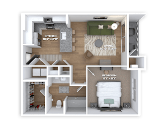 A 3D floor plan of a small apartment with a kitchen, living room, and bedroom.