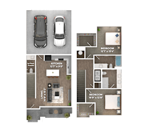 Two bedroom townhome floorplan with garage at Stillwater Lakes Apartments, Florida