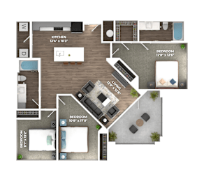 Three bedroom two bathroom apartment floorplan at Stillwater Lakes Apartments, Florida, 34744