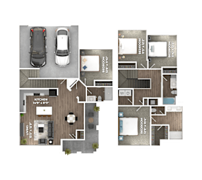Two story townhome floor plan with garage at Stillwater Lakes Apartments, Kissimmee, Florida
