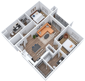 A 3D floor plan of a house with three bedrooms and a kitchen.
