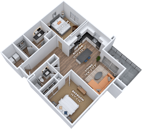 A 3D floor plan of a house with three bedrooms, a kitchen, and a living room.