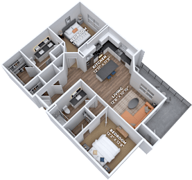 A 3D floor plan of a two-bedroom apartment with a kitchen and living room.