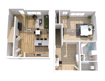 3D floor plan with bedroom and living space at Montage Apartments, Tigard, OR
