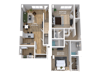 3D floor plan with two bedrooms and bathrooms at Montage Apartments, Tigard, 97223