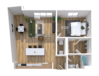 3D floor plan with open living dining and bedroom at Montage Apartments, Tigard