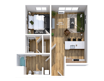 One bedroom apartment floor plan with open layout at Montage Apartments, Oregon, 97223