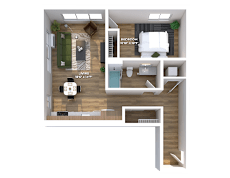 One bedroom 3D floor plan with dining area at Montage Apartments, Tigard, OR 97223