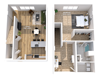 Two story 3D floor plan with bedroom and living room at Montage Apartments, Tigard, 97223