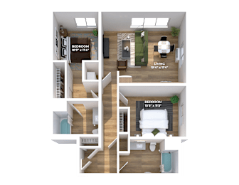 Two bedroom 3D floor plan with central hallway at Montage Apartments, Tigard, Oregon