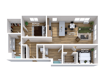 Two bedroom 3D floor plan with dual bathrooms at Montage Apartments, Oregon