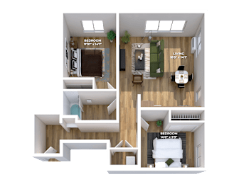 Two bedroom 3D floor plan with separate living area at Montage Apartments, Oregon, 97223