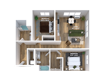 Two bedroom 3D floor plan with labeled dimensions at Montage Apartments, Tigard, 97223