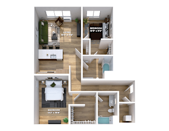 Two bedroom 3D floor plan with spacious living room at Montage Apartments, Tigard