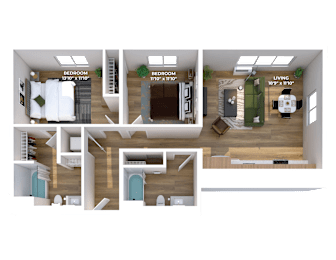 Two bedroom 3D floor plan with walk-in closets at Montage Apartments, Oregon