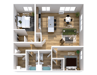 Two bedroom 3D floor plan with island kitchen at Montage Apartments, Oregon, 97223