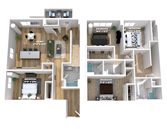 Four bedroom two story 3D floor plan at Montage Apartments, Tigard, OR