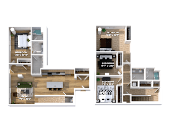 Split level 3D floor plan with four bedrooms at Montage Apartments, Tigard, 97223