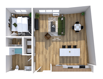 One bedroom 3D floor plan with open living space at Montage Apartments, Tigard